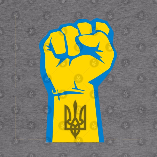 Peace for Ukraine! I Stand With Ukraine. Powerful Freedom, Fist in Ukraine's National Colors of Blue and Gold (Yellow) and Ukraine's Coat of Arms on the Wrist by Puff Sumo